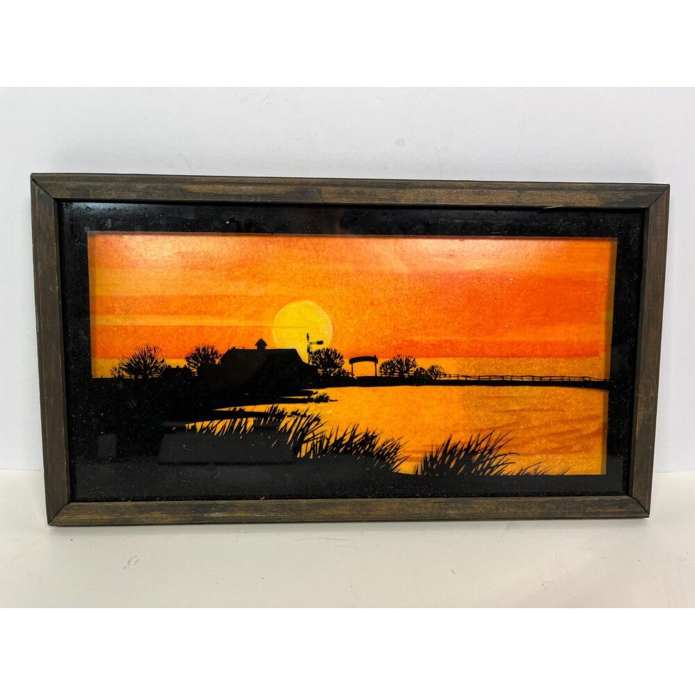 Vintage Reverse Painted Glass Sunset Landscape Silhouette Folk Art Framed